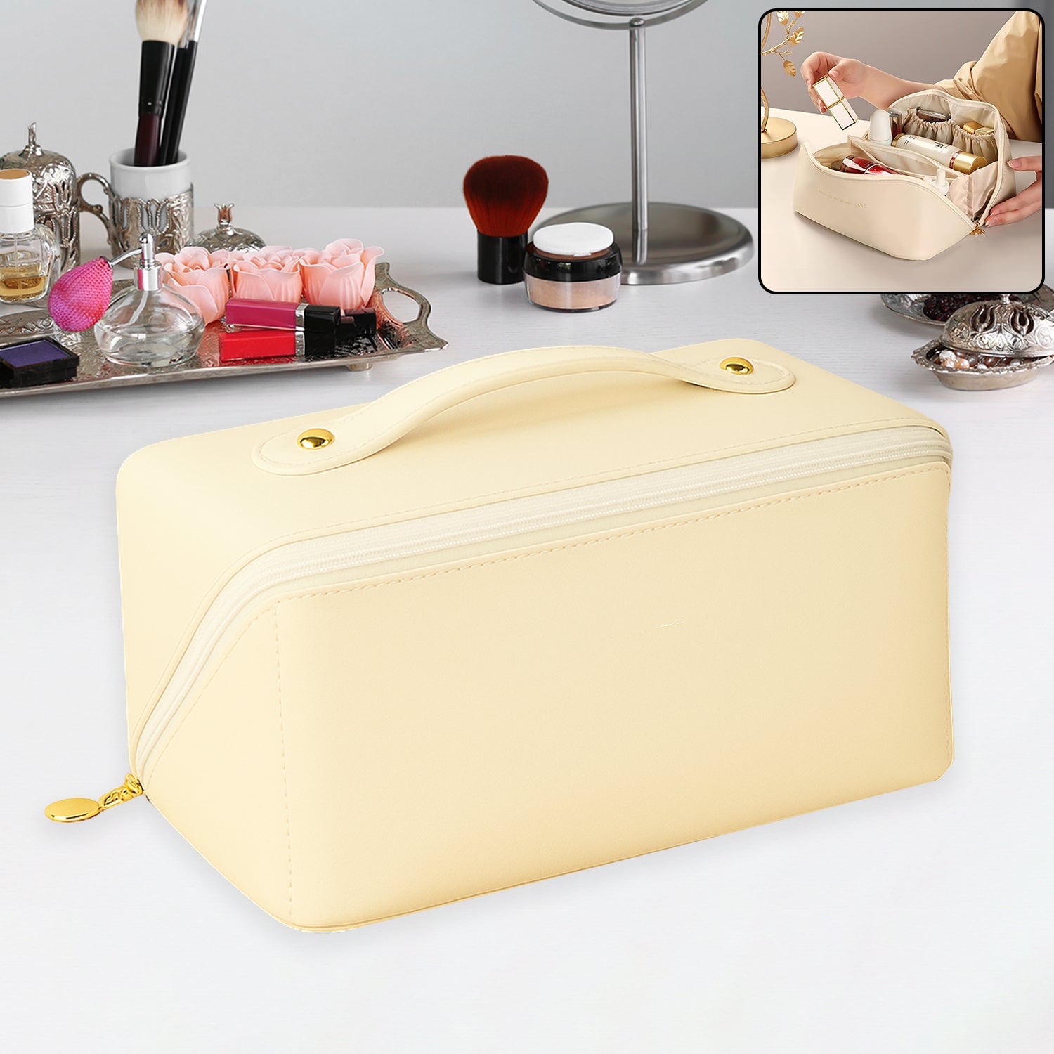 Premium Cream Travel Makeup  Toiletry Organizer Pouch With Zipper  Handle (1 Pc) Premium Cream Travel Makeup  Toiletry Organizer Pouch With Zipper  Handle (1 Pc)